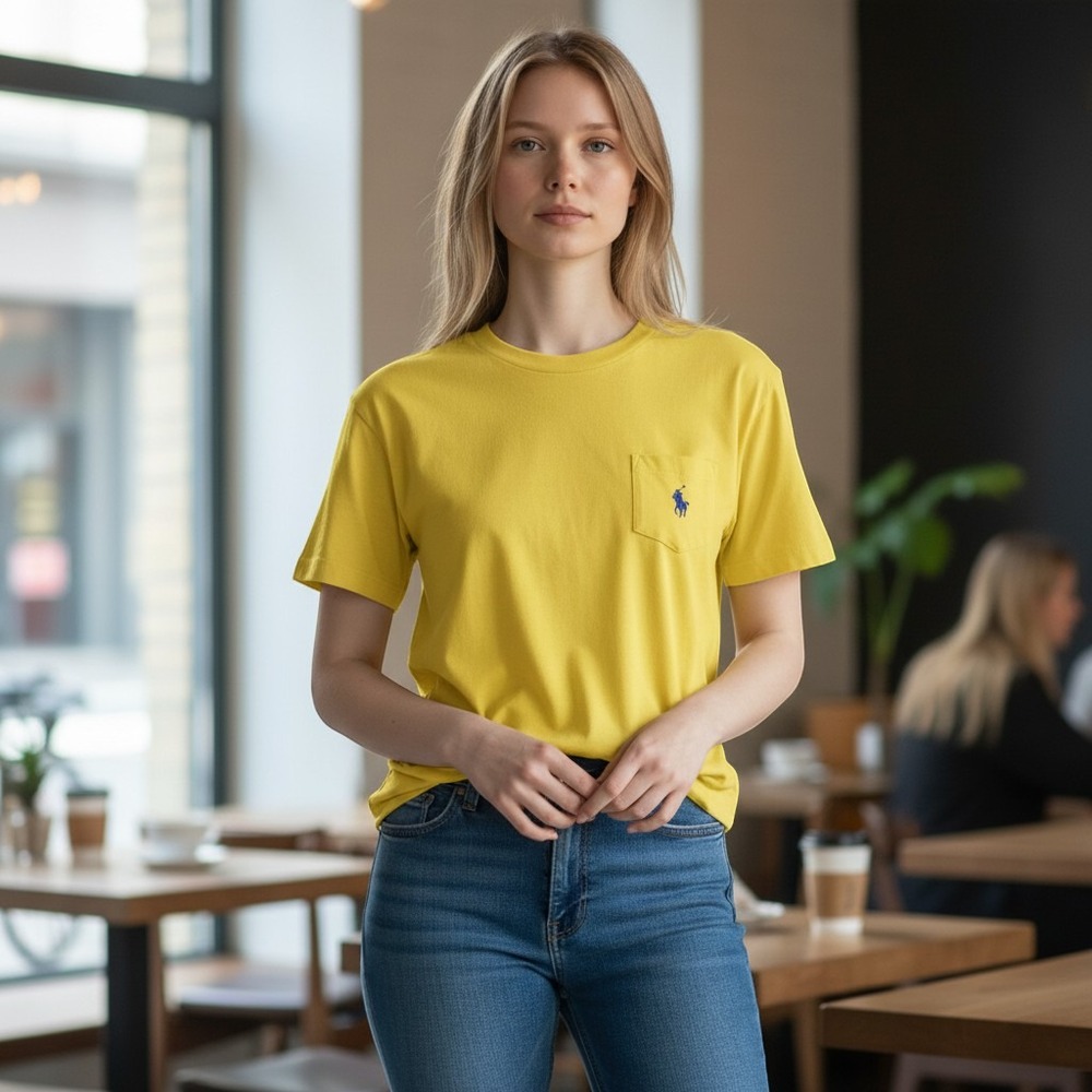 Ralph Lauren Sport T-Shirt Yellow Pocket Tee Women Medium Pre-owned Cotton